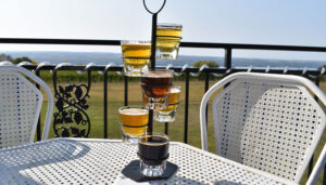 Flight of six 4-oz. pours ($12.50) at the Ginny Lee Café, the eatery next door to the building with the Wagner’s Wines tasting rooms and gift shop.