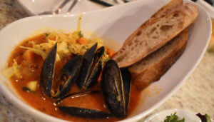 The French fish stew composed of white fish (haddock this time), scallops, mussels and veggies.