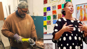 Left – Greg Rice translates a customer’s imagination into art, including beautiful handrails. Right – Lydia Boddie-Rice mixes mediums – photography, painting, and fabric, to create unique pieces.